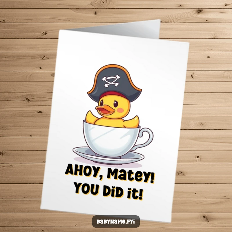 Funny Free Printable Congratulations Card: A tiny rubber duck sporting a pirate hat attempts to navigate a teacup sea.