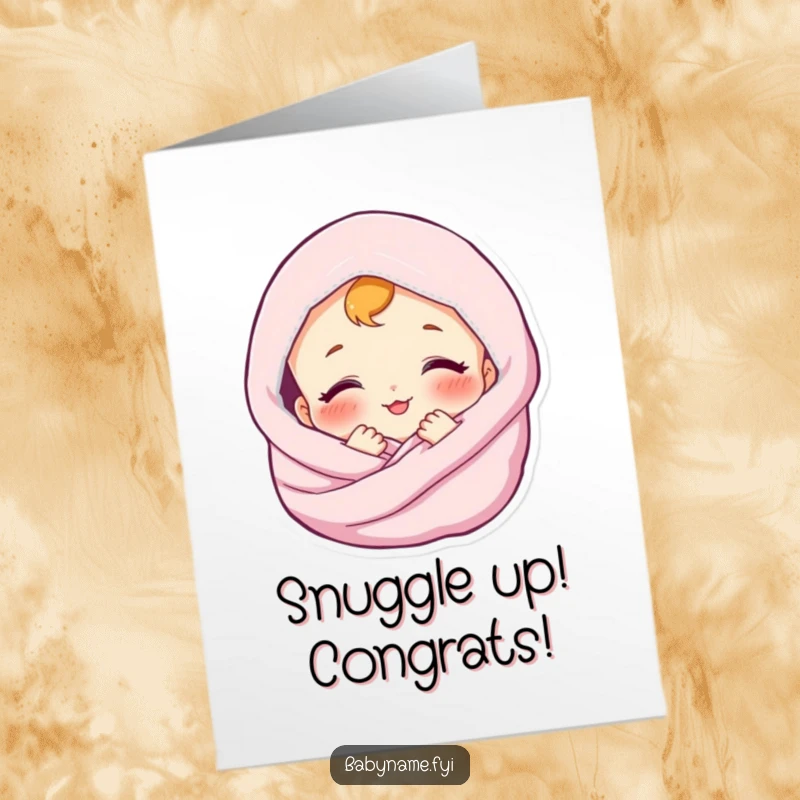 Funny free printable congratulations card: a peaceful baby snuggled in a blanket, offering a gentle, happy smile.