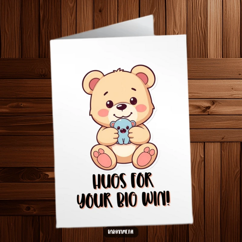 Funny Free Printable Congratulations Card: A cheerful teddy bear tightly holds onto a miniature toy, celebrating a wonderful achievement.