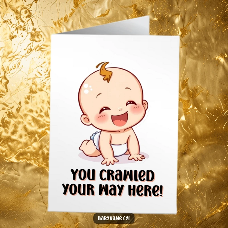 Funny Free Printable Congratulations Card: Adorable baby character in a diaper crawling with pure joy, perfect for celebrating achievements. Download now!