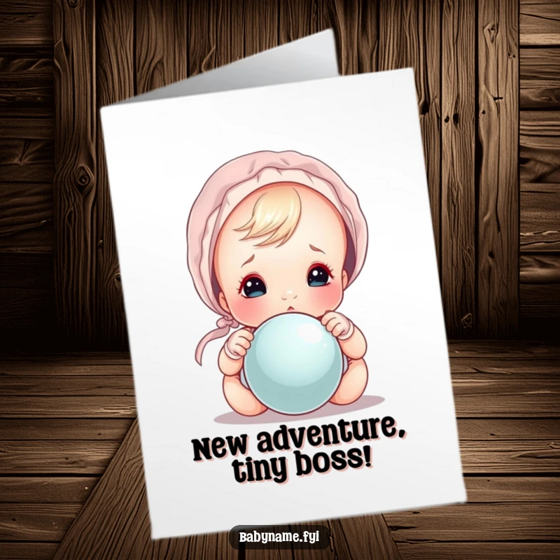 Funny Free Printable Baby Bonnet Card: Baby in bonnet peeking mischievously over a rattle, ideal for congratulations.