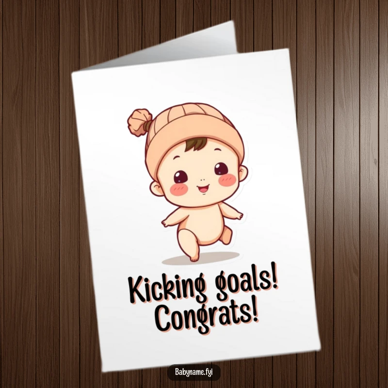 Funny free printable congratulations card: energetic baby in a cap enthusiastically kicking legs in celebration.