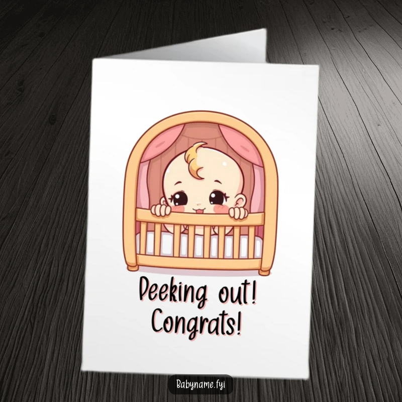 Funny free printable congratulations card: a cheeky baby peeking with a curious, mischievous expression from a crib.