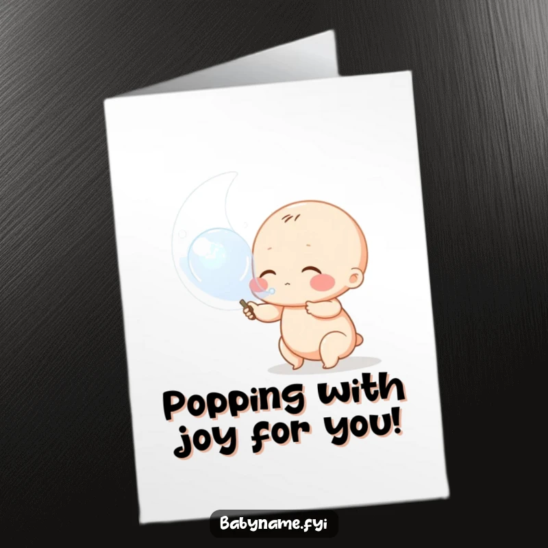 Funny Free Printable Congrats Card: Chubby baby character blowing a large bubble, a fun and hilarious congratulations design.