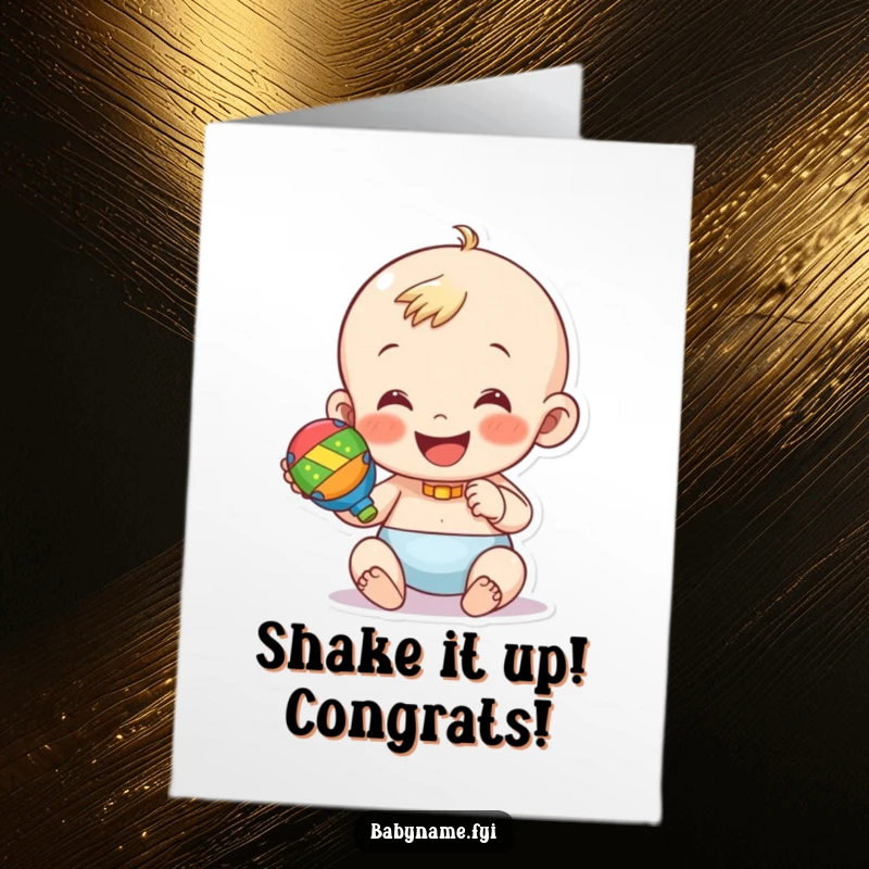 Funny free printable congratulations card: happy baby character enthusiastically shaking a vibrant, colorful rattle.