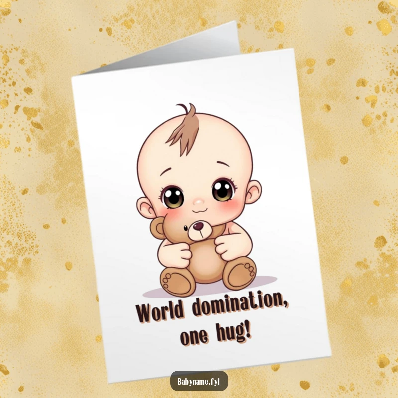 Free Printable Baby Teddy Card: A curious baby holding a teddy bear, ideal for any congratulatory occasion.