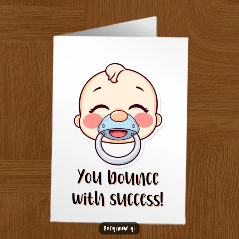 Funny Free Printable Congratulations Card: A giggling pacifier in mid-bounce, radiating happiness. Downloadable art.