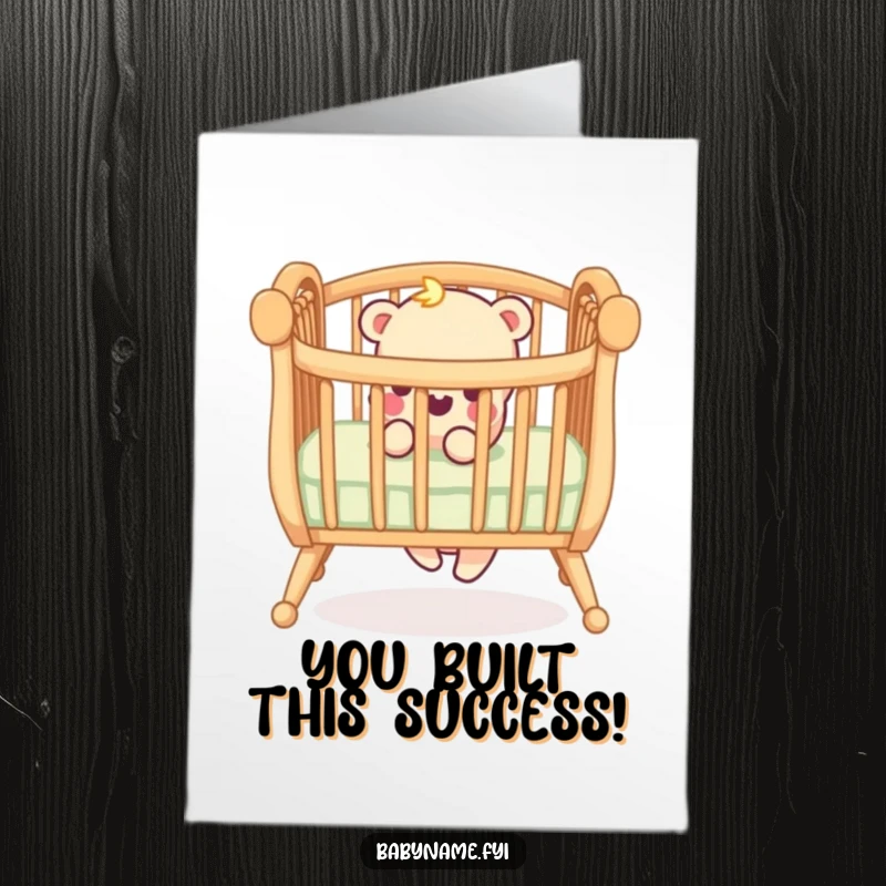 Funny Free Printable Congratulations Card: A playful crib railing shows off its wobbly leg, celebrating the fun and chaos of a new baby.