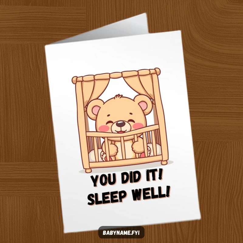 Funny Free Printable Congratulations Card: A cute teddy bear peeking from a crib, celebrating a new achievement.