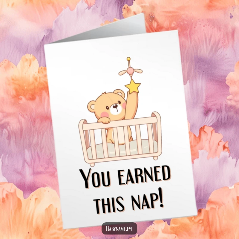 Funny Free Printable Teddy Bear Congratulations Card, a happy bear reaching for a crib mobile, celebrating a new baby.
