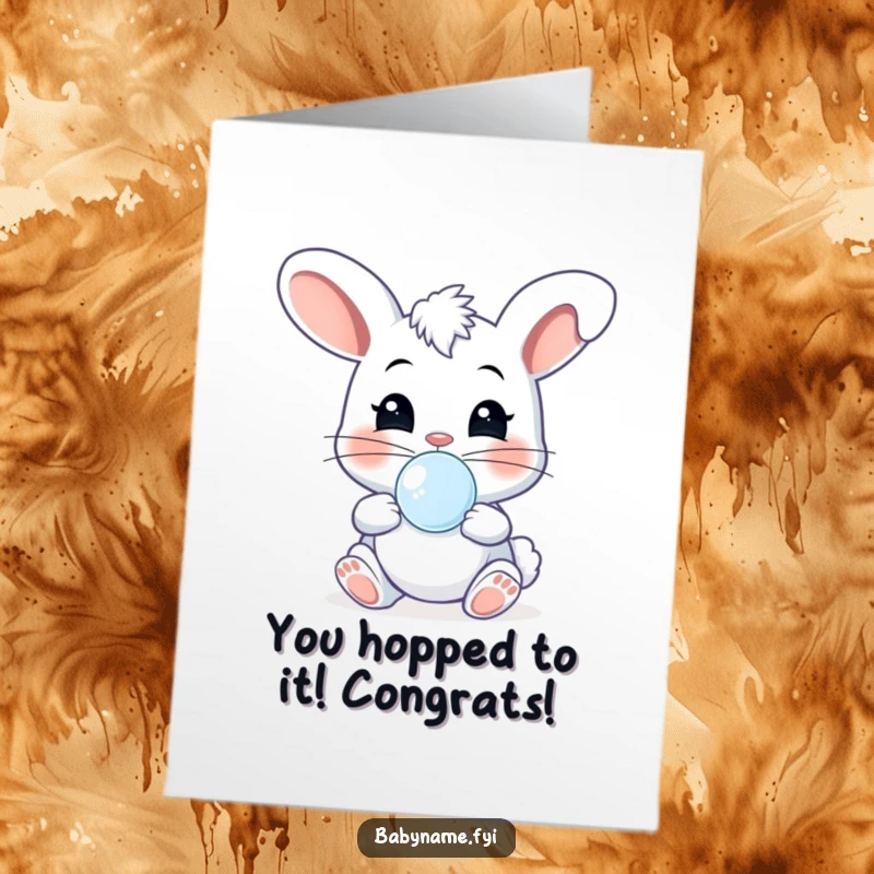 Funny Free Printable Congratulations Card: A cheeky baby bunny holding a pacifier, bouncing with excitement for congratulations.