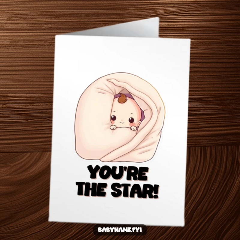 Funny Free Printable Congratulations Card, a baby blanket character peeking from behind a pillow, symbolizing playful new beginnings.