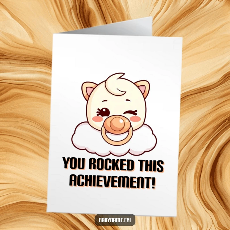 Funny Free Printable Congratulations Card: Mischievous pacifier winking while floating on a cloud, celebrating a happy achievement with charm.