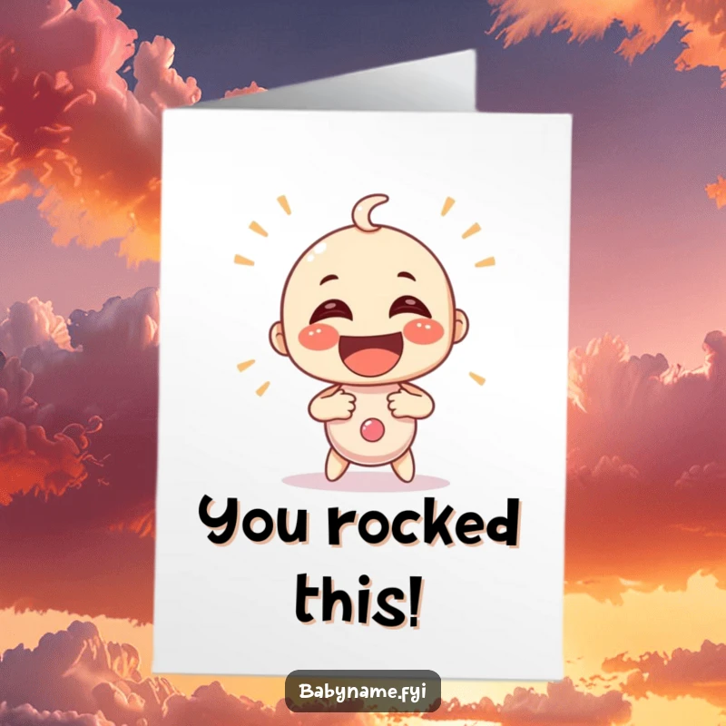 Funny Free Printable Congratulations Card, a baby rattle character vigorously shaking with exaggerated glee, celebrating new beginnings.