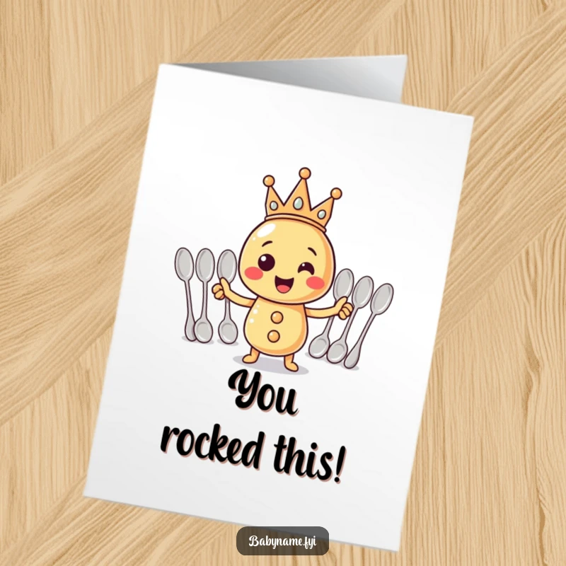 Funny Free Printable Congratulations Card: Cheerful rattle wearing crown leads spoon orchestra in a triumphant, amusing celebration.