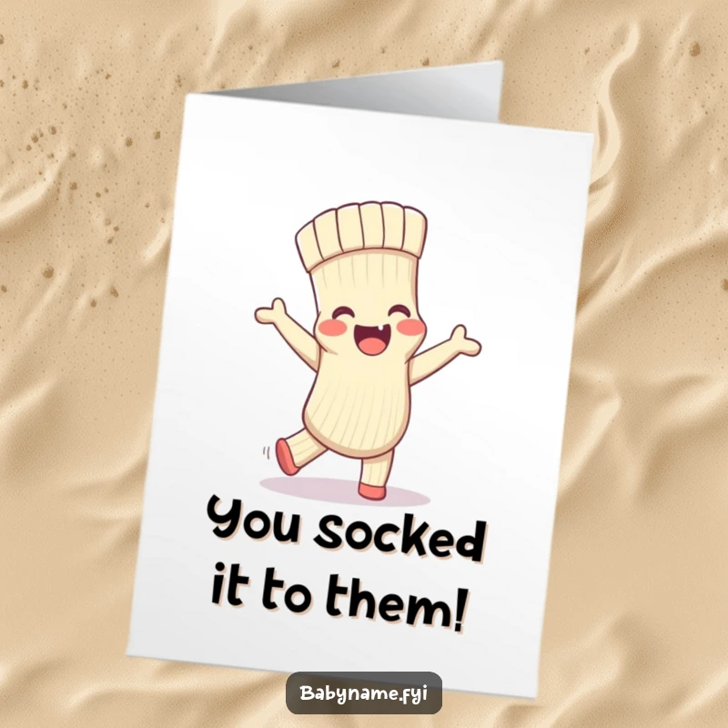 Funny Free Printable Congratulations Card: A delighted baby sock is captured mid-dance, its pattern vibrant, celebrating a wonderful achievement.