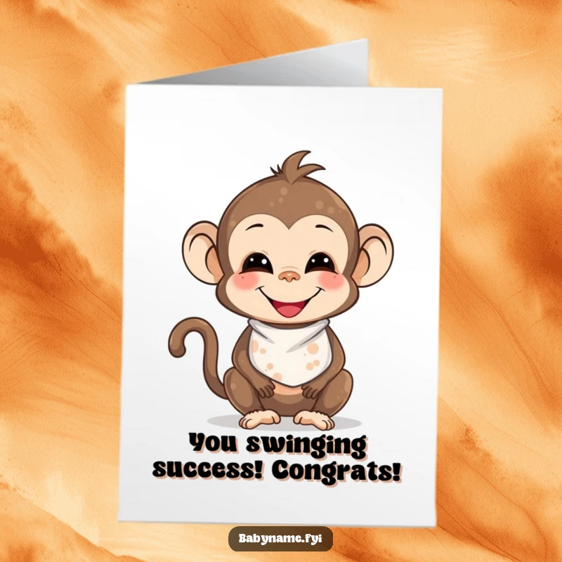 Funny Free Printable Congratulations Card: A smiling baby monkey in a bib, covered in smudges, cheering for success.