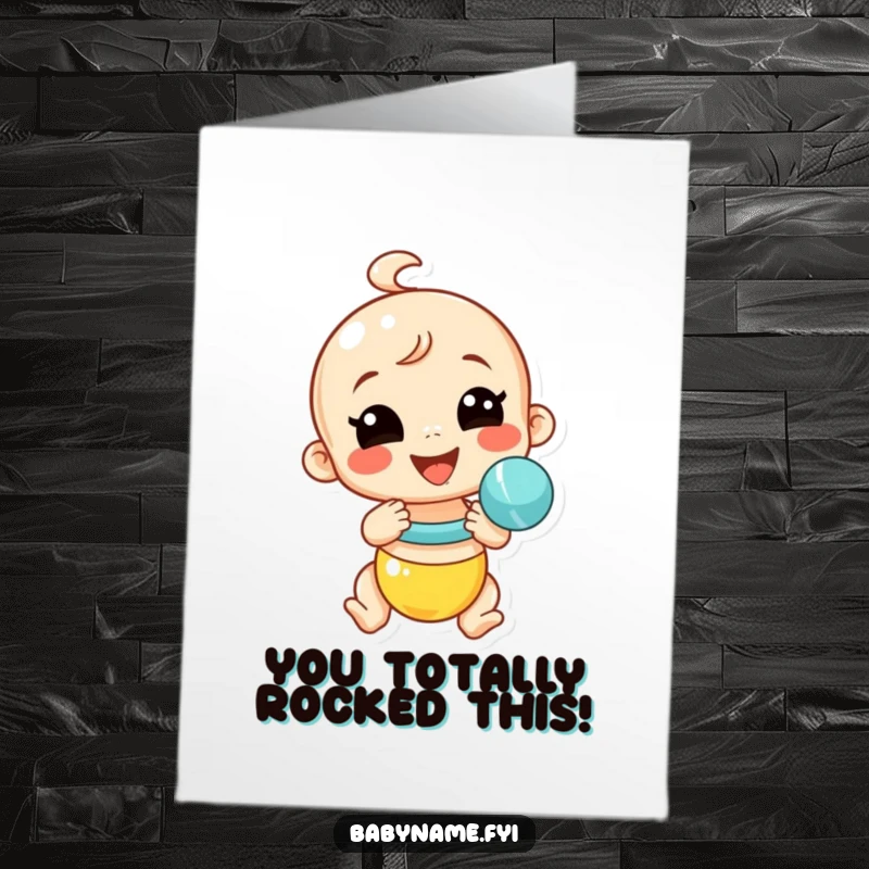 Funny Free Printable Congratulations Card: A smiling baby rattle shaking itself vigorously with pure excitement. Downloadable art.