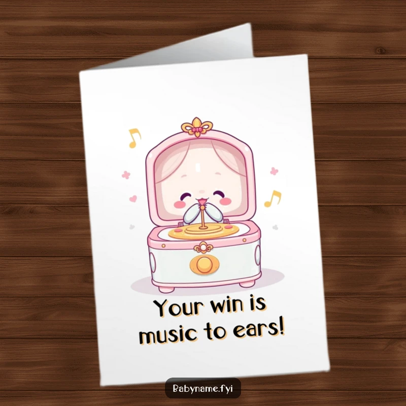 Funny Free Printable Congratulations Card: A happy music box is open, its mechanism visible, playing a delightful melody to celebrate achievements.