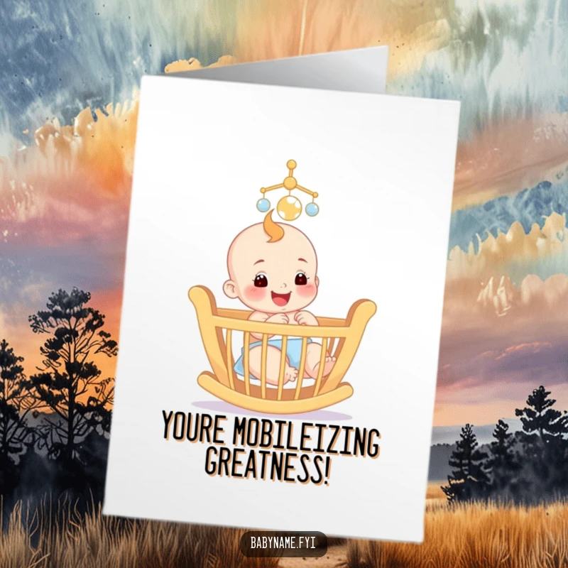 Free Printable Congratulations Card: A smiling baby joyfully reaching for a colorful mobile, celebrating a milestone.