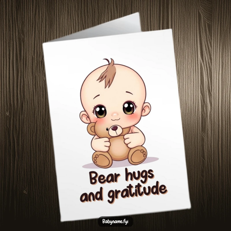 Free Printable Baby Teddy Card: A baby with curious eyes clutching a teddy bear, perfect for thank you notes.