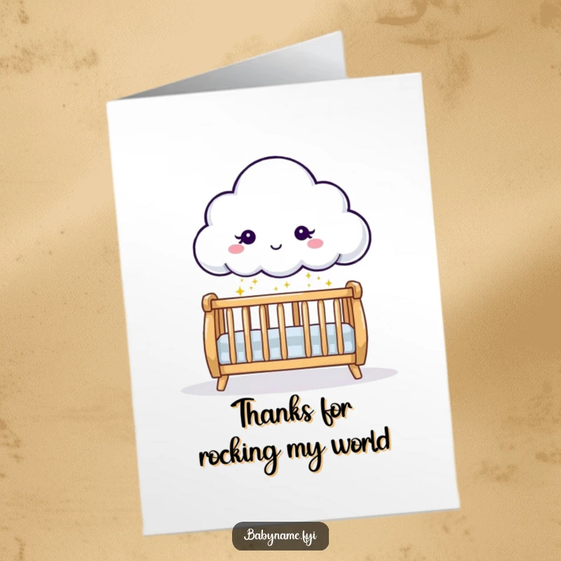 Funny Free Printable Cloud Thank You Card: Gentle cloud sprinkling sparkles onto a crib, a sweet gratitude DIY gift.