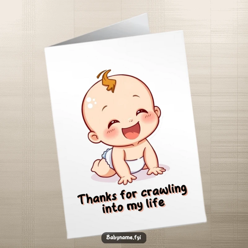 Funny Free Printable Thank You Card: A happy baby in a diaper crawling enthusiastically, perfect for expressing gratitude. Instant download!