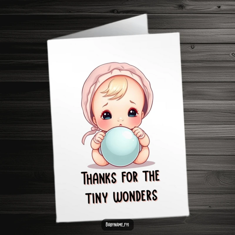 Funny Free Printable Baby Bonnet Card: Cute baby in bonnet peeking over a rattle, perfect for a humorous thank you.