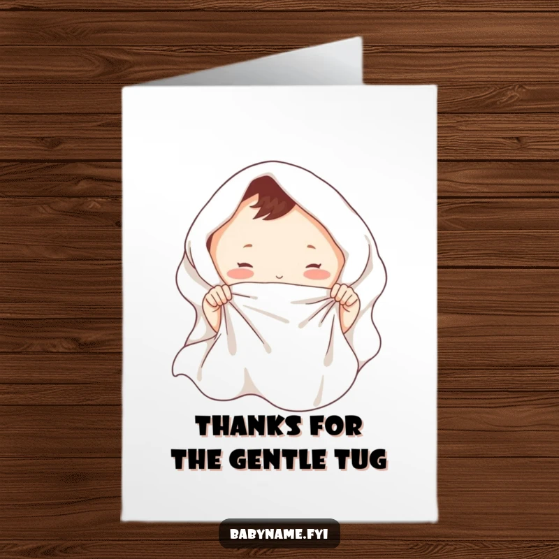 Free Printable Thank You Card: Tiny hands tugging a soft baby blanket, a sweet thank you gesture.