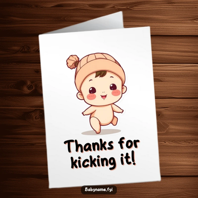 Funny free printable thank you card: a happy baby in a cap kicking legs, expressing joyful gratitude.