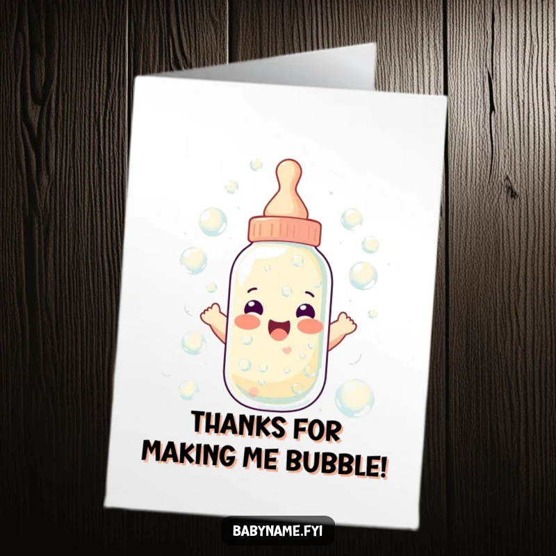 Funny Free Printable Thank You Card: A joyful baby bottle brimming with effervescent bubbles of gratitude. Downloadable gift.