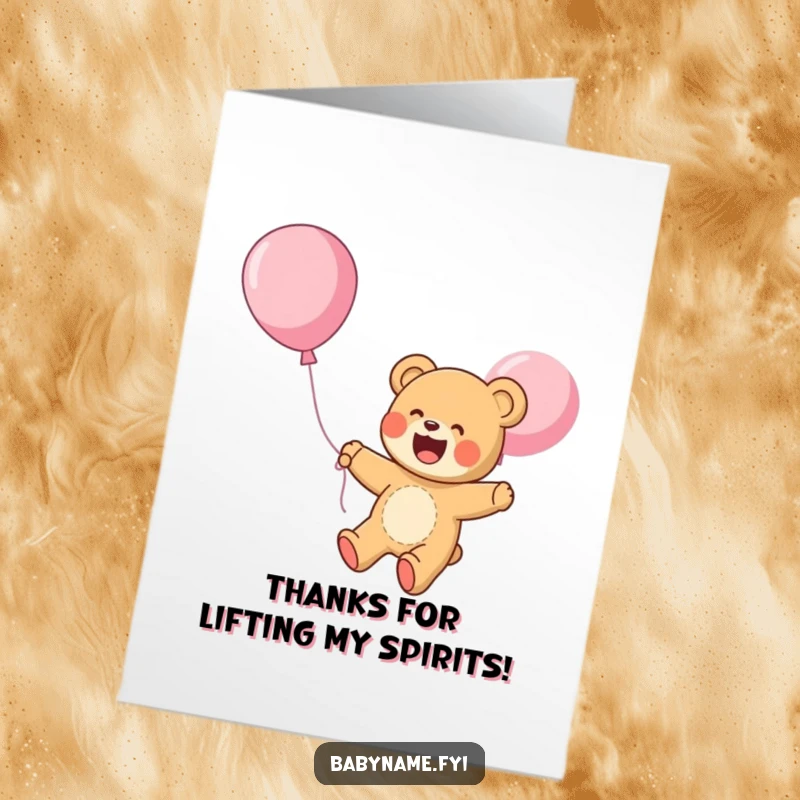 Funny Free Printable Thank You Card: A giggling teddy bear ascends on a balloon, sending thanks with a smile.