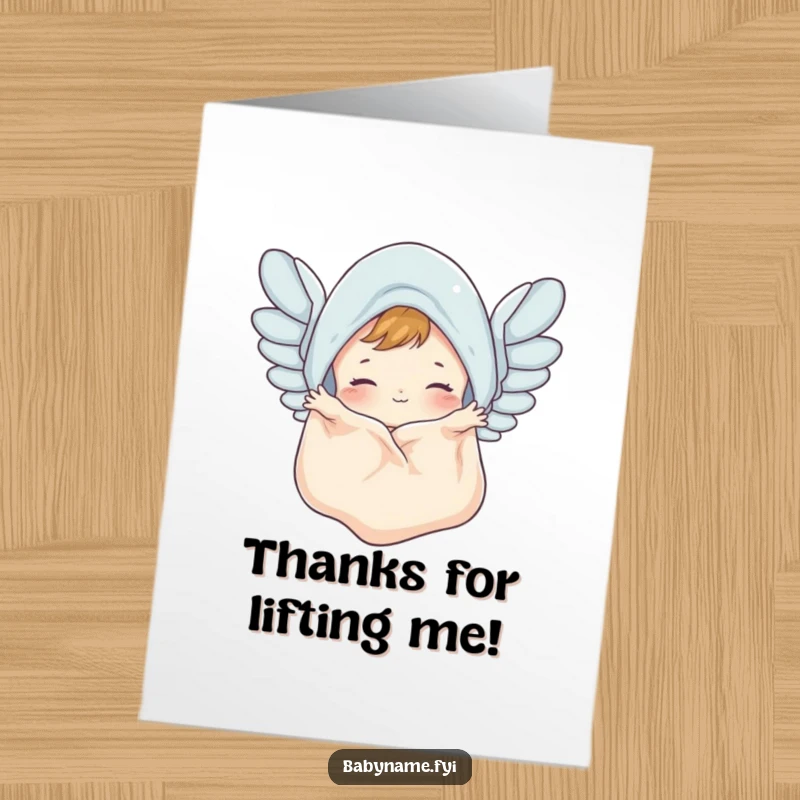 Funny Free Printable Thank You Card: A cute baby blanket energetically flapping like happy, airborne wings. Downloadable gift.