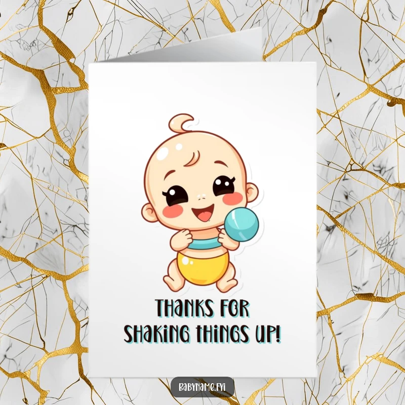 Funny Free Printable Thank You Card: A smiling baby rattle energetically shaking, expressing cheerful gratitude. Downloadable gift.