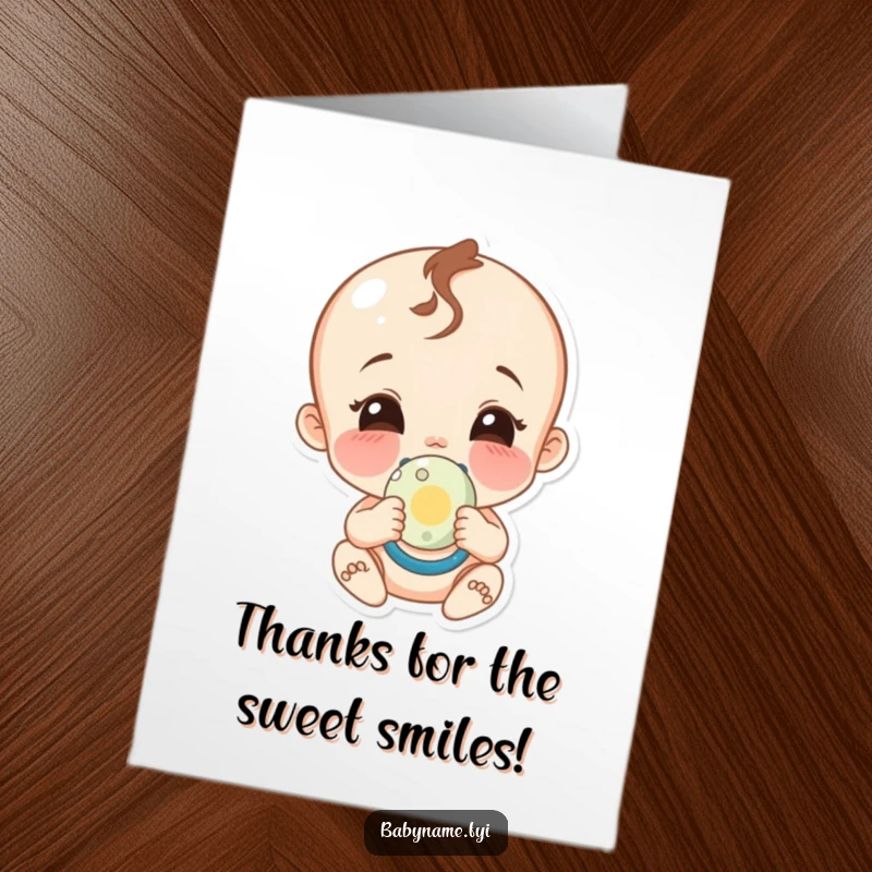 Funny Free Printable Thank You Card: Giggling baby character holding a pacifier, wide smile, a sweet and funny thank you.