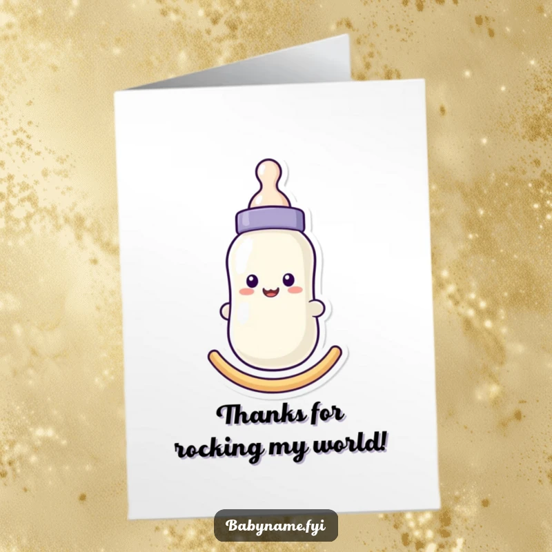 Funny Free Printable Thank You Card: A smiling baby bottle rocking back and forth, offering a cute and funny thank you.