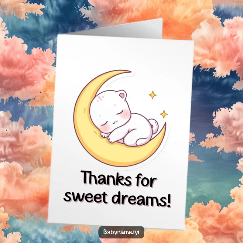 Funny Free Printable Thank You Card depicting a tiny baby animal character napping soundly within a gentle crescent moon.