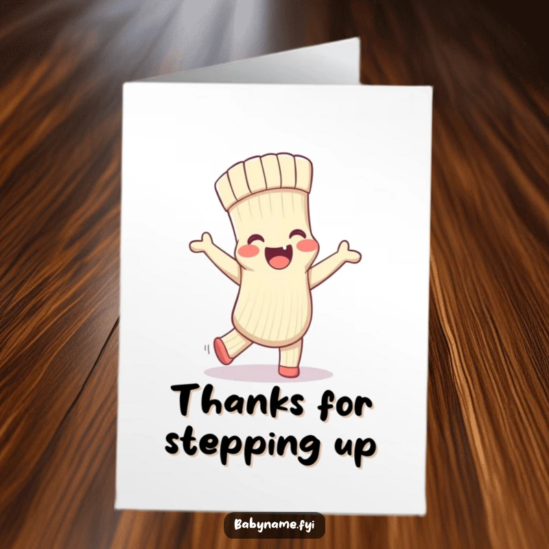 Funny Free Printable Thank You Card: A baby sock with a cheerful expression is performing a silly dance, thanking someone with playful energy.