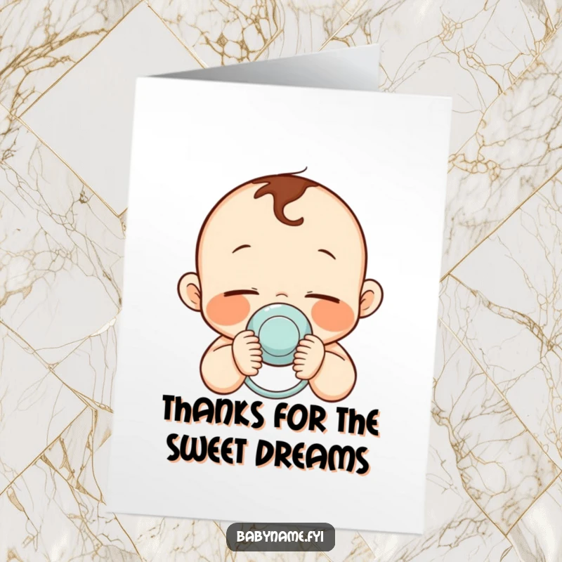 Funny Free Printable Thank You Card: A rosy-cheeked, sleepy baby contentedly holds a pacifier, conveying sweet, quiet thanks.