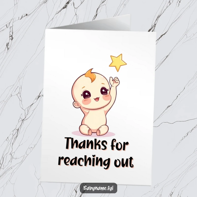 Funny Free Printable Thank You Card: Curious baby character reaching for a twinkling star, expressing gratitude, print at home.