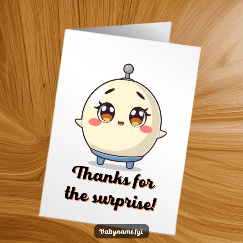 Funny Free Printable Thank You Card: A baby mobile spinning with wide-eyed surprise and thankful delight. Downloadable gift.