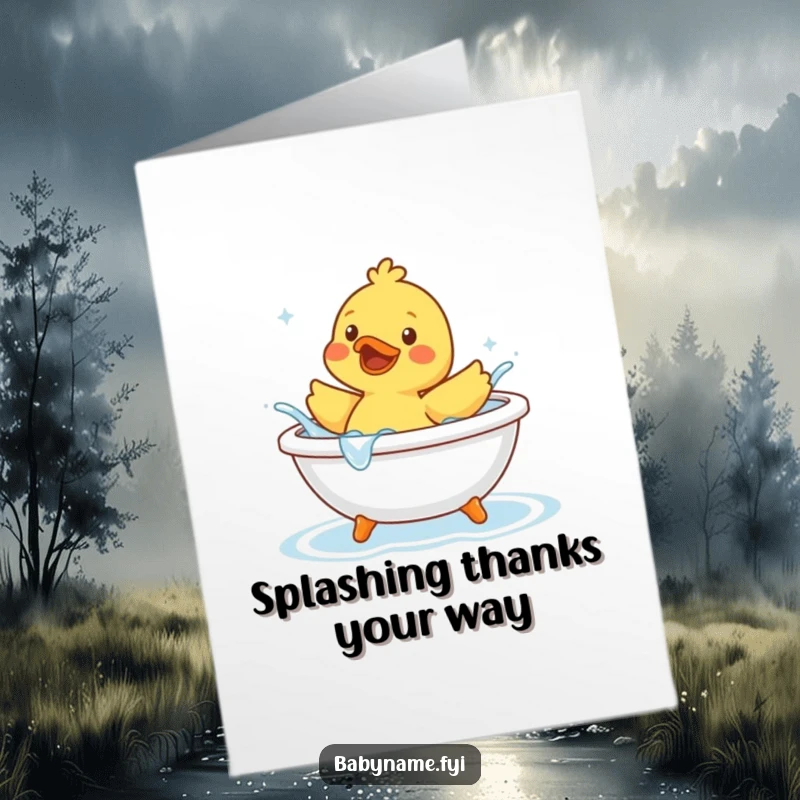 Funny Free Printable Rubber Duck Thank You Card: Cheerful duck splashing in a bathtub, a humorous gratitude DIY gift.