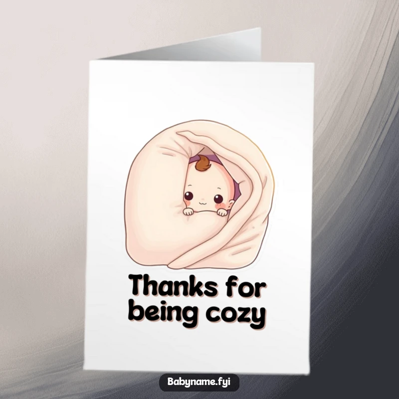 Funny Free Printable Thank You Card, a baby blanket character peeking playfully from behind a pillow, conveying thanks with charm.