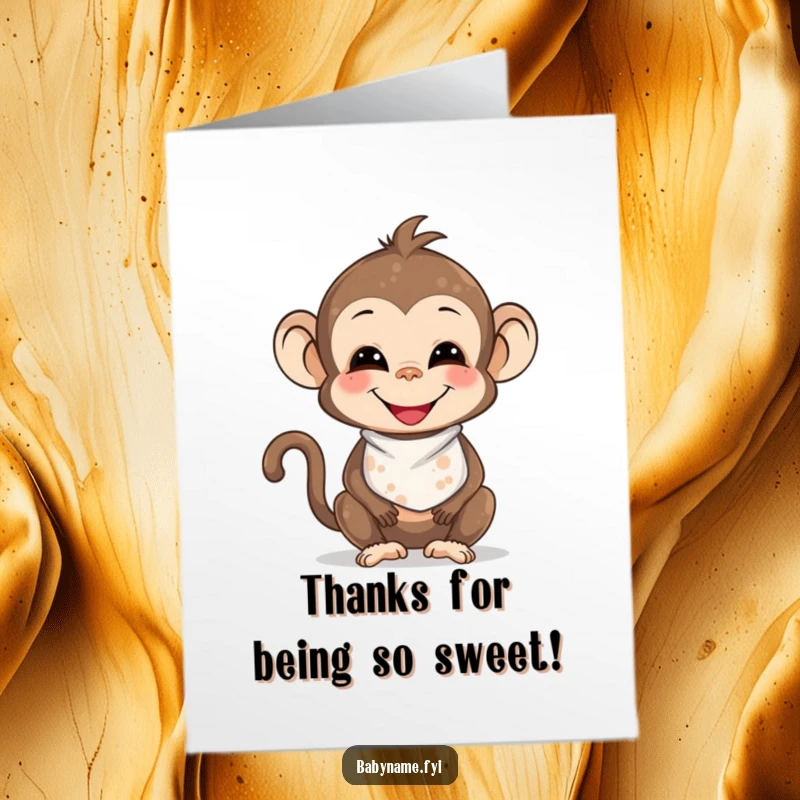 Funny Free Printable Thank You Card: A smiling baby monkey wearing a bib, playfully covered in smudges, saying thanks.