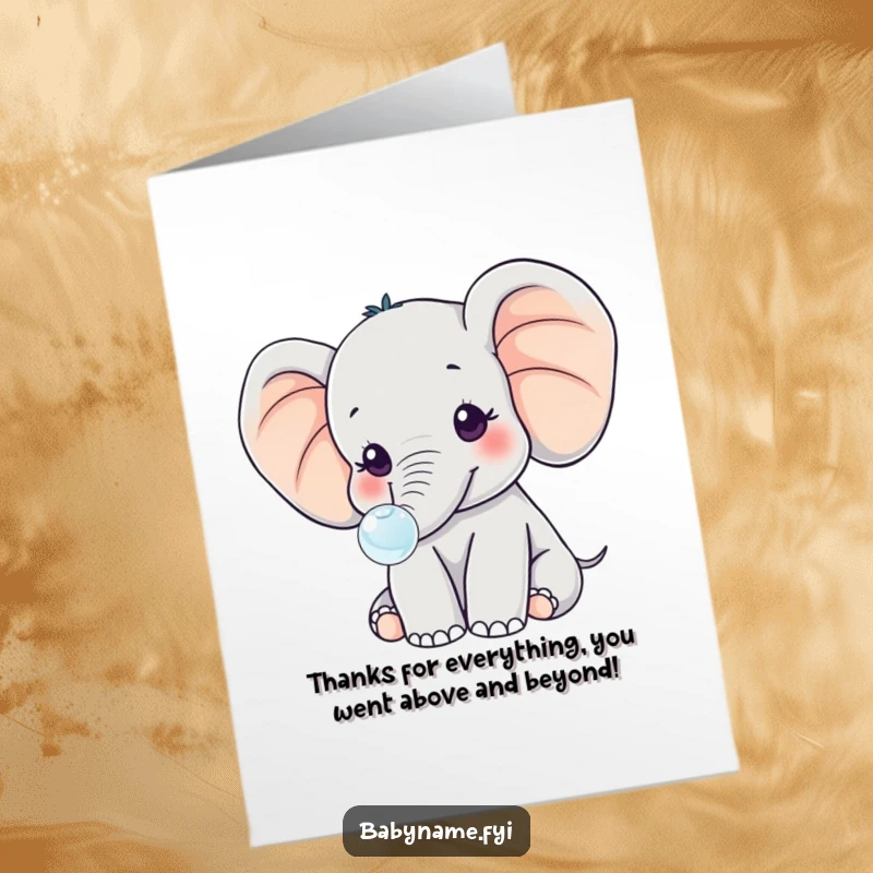 Funny Free Printable Thank You Card: A kawaii baby elephant with oversized ears blowing a bubble to say thank you.