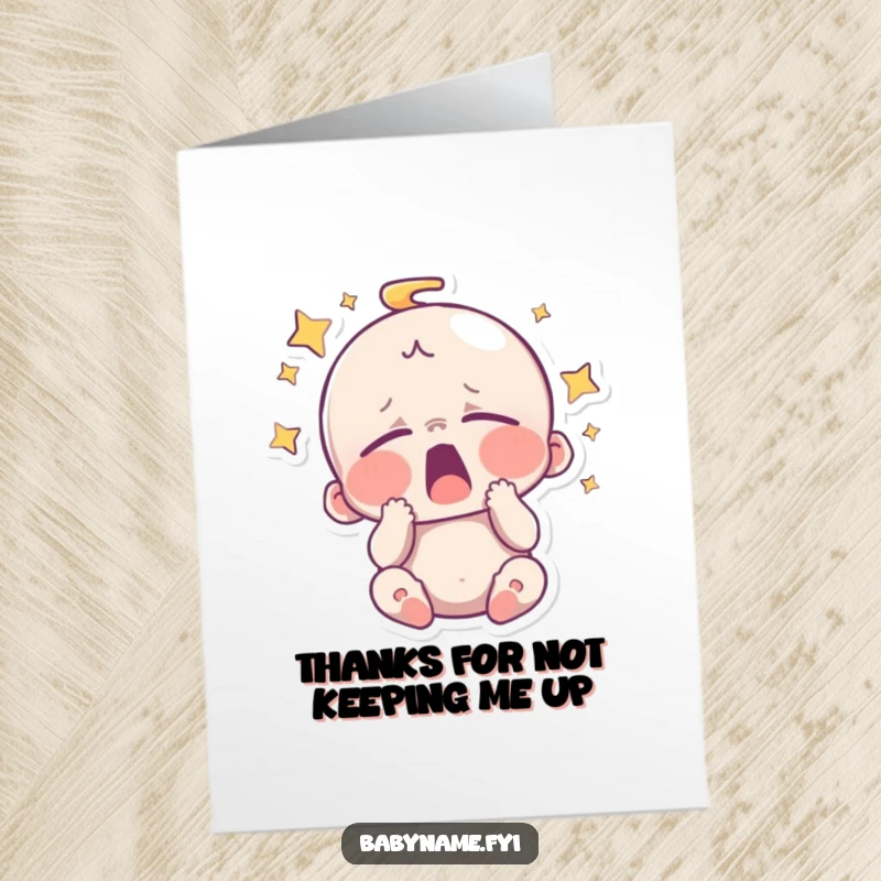 Funny Free Printable Thank You Card: Sleepy baby yawning with stars, a cute and funny way to express gratitude. Instant download!