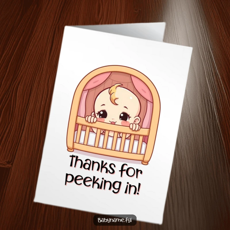 Funny free printable thank you card: a baby with a sly look peeking over the edge of a crib.