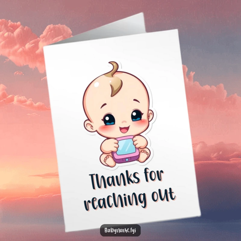 Funny Free Printable Thank You Card with a smiling baby character reaching towards a soft mobile, expressing gentle gratitude.