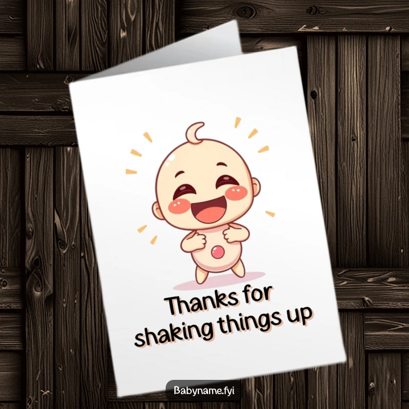 Funny Free Printable Thank You Card, a baby rattle character shaking with exaggerated glee, expressing heartfelt thanks playfully.