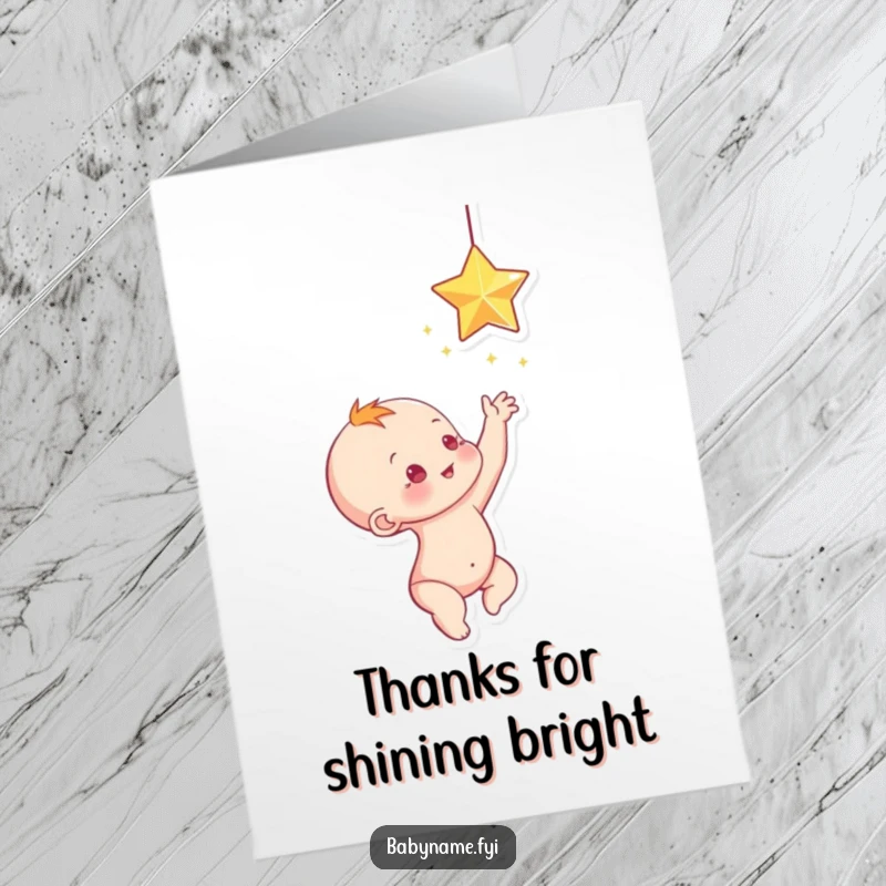 Free Printable Star Baby Card: Baby reaching for a shining star, an adorable way to say thank you.